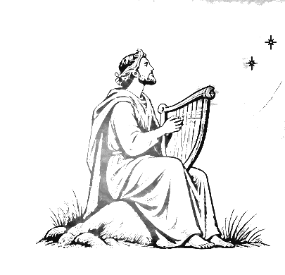 Line illustration of a Welsh bard playing a harp